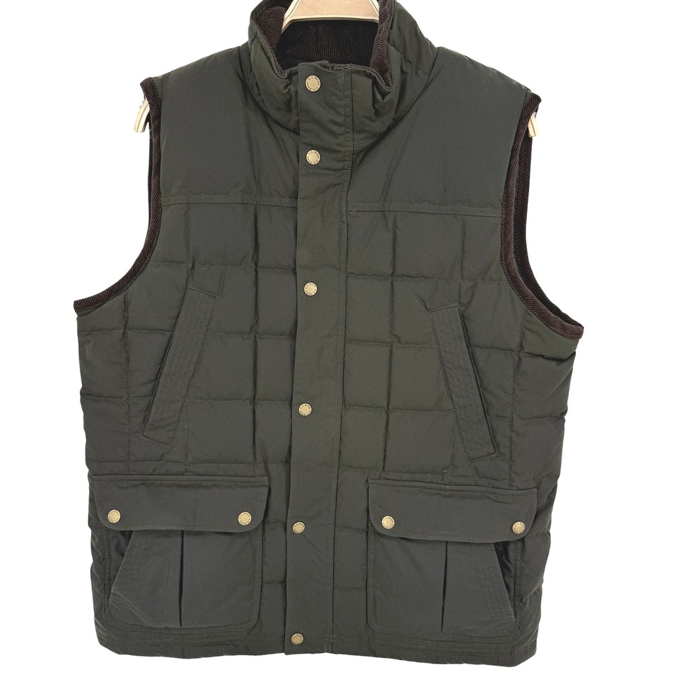 LL Bean Upcountry Down Vest Mens M Olive Green Good Quilted Corduroy Trim